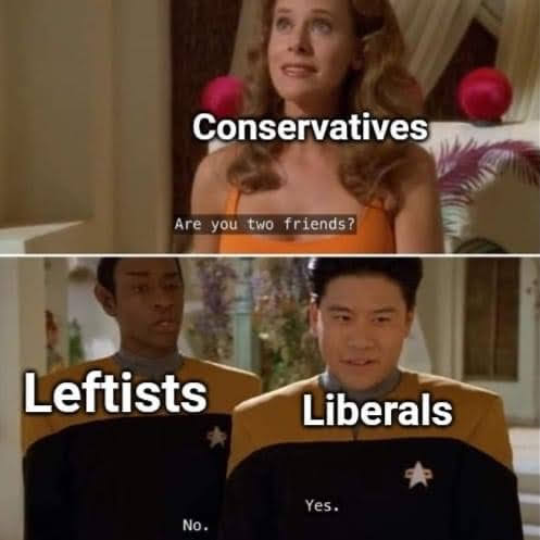 This meme is a humorous exchange between a woman and a man, with a caption that reads "Conservatives: Are you two friends?" The woman responds with "Leftists: No." The punchline is that the woman is implying that the man is not a friend, but rather an enemy or adversary, as "leftists" is a derogatory term used by some conservatives to refer to liberal or progressive individuals.